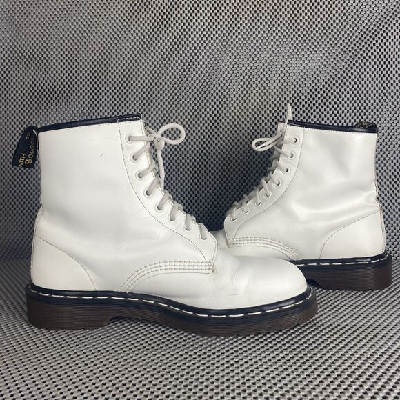 Dr Martens Combat Boots Mens 8 White Leather Lace Up Ankle Boots Made In England - Picture 3 of 14